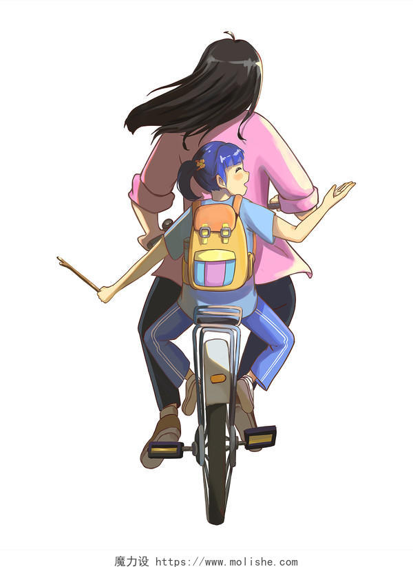 彩色卡通手绘人物骑车自行车母亲节元素PNG素材